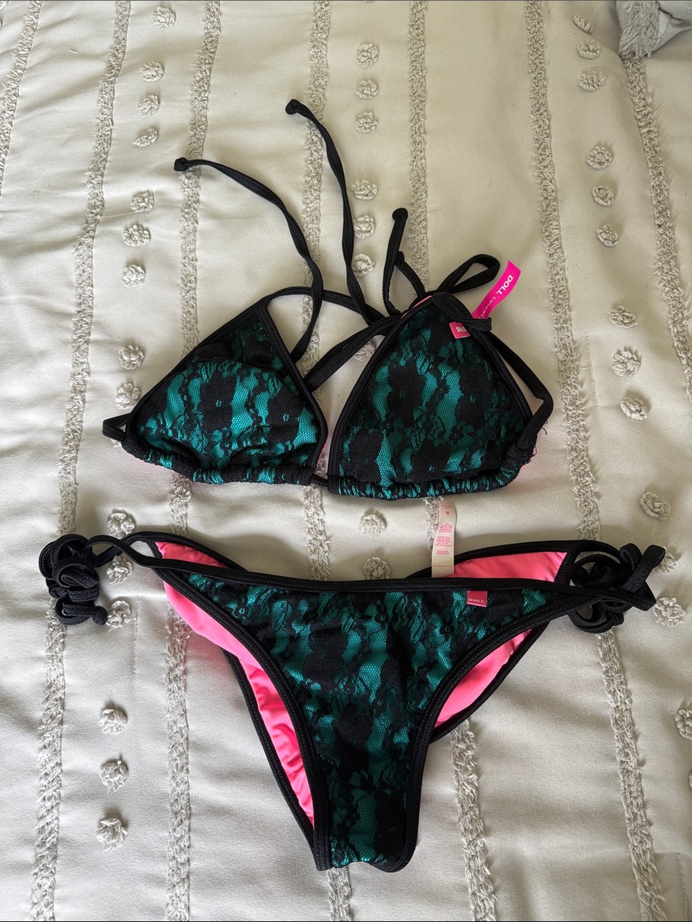 Lace-Overlay Teal & Black Triangle Bikini with Pink Lining